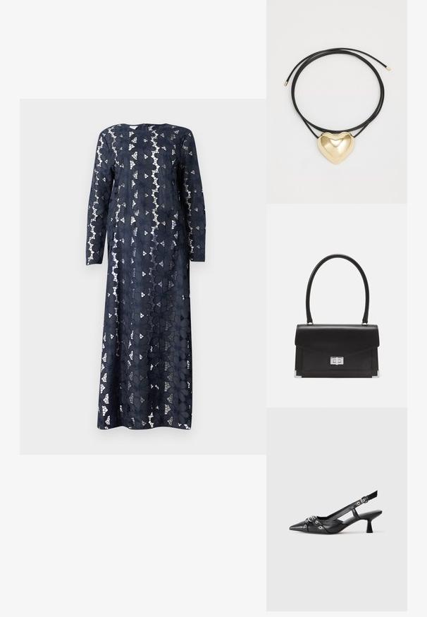 Baum und Pferdgarten ADEA - Maxi šaty - baritone blue; Černé kožené slingback boty s špičatou špičkou, dekorativními pásky s kovovými očky a nízkým blokovým podpatkem. Texturovaný povrch.; Černá kožená kabelka se strukturovaným designem, horním uchopěním a stříbrným zapínáním. Obsahuje rohové akcenty a hladký povrch.; Černý pletený náhrdelník s leštěným zlatým přívěskem ve tvaru srdce s hladkými křivkami a lesklým povrchem.