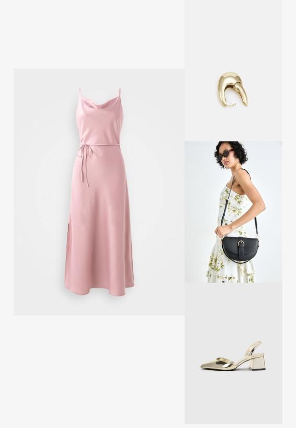 Vestido de cetim rosa com decote em cowl, alças finas e um cinto atado na cintura. Apresenta uma fenda lateral para maior facilidade de movimento.; Sapatos de salto alto metálicos dourados, com biqueira em ponta e salto grosso. Textura suave, design minimalista e uma tira estreita.; Bolsa de couro preta com forma curva, alça destacável e detalhes em dourado. A bolsa possui uma aba com detalhe de fivela.; Brinco em metal dourado com um design elegante e curvo. Apresenta uma forma pontiaguda distinta, superfície polida e fecho por dobradiça.