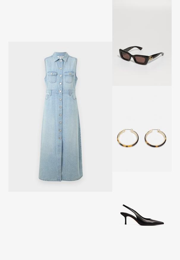 Denim šaty bez rukávov, svetlomodré, s predným zapínaním na gombíky, dvoma náprsními vreckami, zúženým pásom a dlhou, rovno strihanou sukňou.; NA-KD Klasické lodičky na opätku - black; Čierne korytnačie slnečné okuliare s obdĺžnikovými šošovkami, hnedým odtieňom, hrubým rámom a zlatým detailom dvojitého loga G na spánku.; Zlaté náušnice vo forme kruhov so vzorom žiabra na vonkajšej hrane z živice, s hladkým povrchom a elegantným, okrúhlym tvarom.