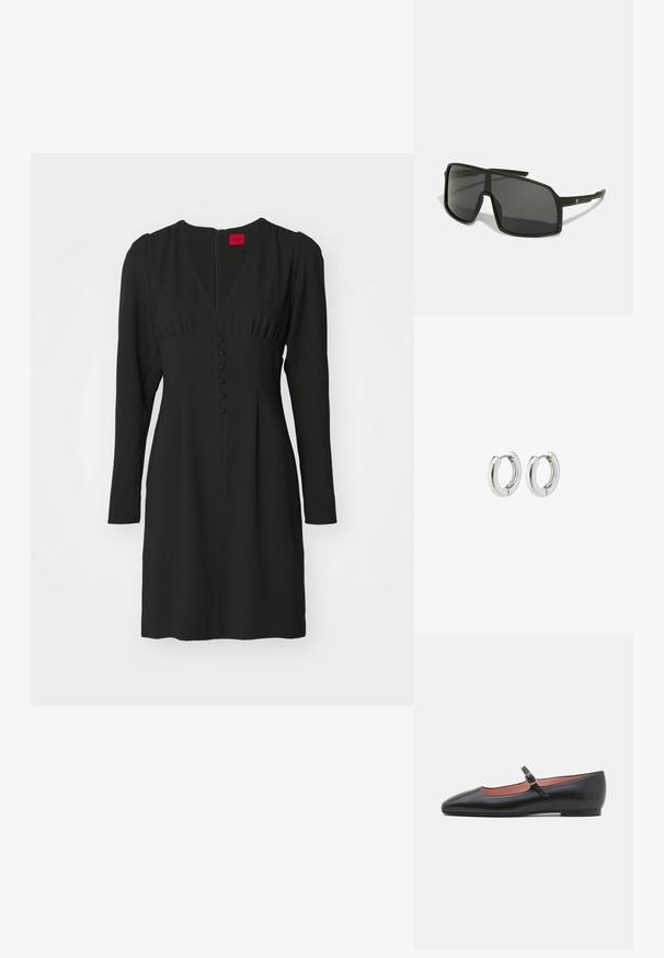 Vestido negro de manga larga con escote en V profundo, línea de cintura fruncida y detalles de botones en la parte delantera. Elaborado con una tela suave.; Zapato plano de cuero negro con punta afilada y correa al tobillo con hebilla dorada. Textura suave con un acabado ligeramente brillante.; Gafas de sol negras con una gran montura angular, lentes oscuros y varillas delgadas y elegantes con un pequeño logo en un lado.; Pendientes de aro de plata con un acabado pulido, que presentan un diseño circular y bisagras sin costuras, exhibiendo una textura suave.