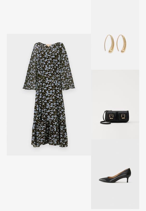 Zwarte bloemenjurk met blauwe bloemen, lange doorschijnende mouwen, elastische halslijn en een stoffen riem met zilveren ronde details. Uitlopende zoom.; Zwarte leren pump met een puntige teen, lage hak en een gladde textuur. Heeft een lichte opening aan de voorkant en minimale hardware aan de achterkant.; Zwarte leren schoudertas met twee vo pockets, gouden gespen, ritsluiting en een smalle band. Tekstuur oppervlak en compacte rechthoekige vorm.; Gouden metalen oorbellen in de vorm van een gebogen, verlengde hoop. Kenmerkend zijn het gladde, glanzende oppervlak en de afgeronde punt voor extra detail.