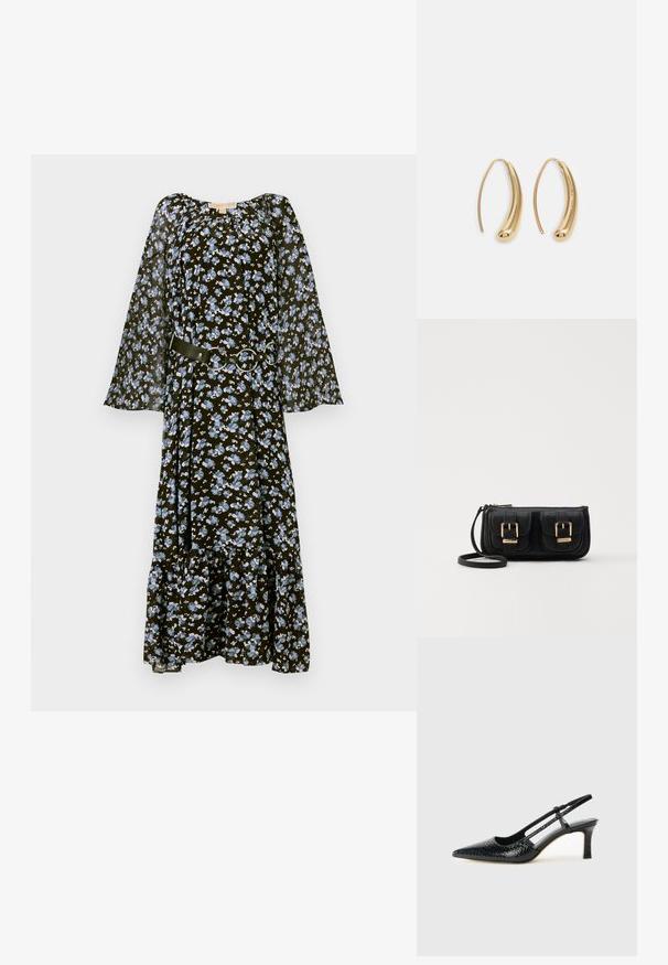 Schwarzes Blumenkleid mit blauen Blumen, langen transparenten Ärmeln, elastischem Halsauschnitt und einem Stoffgürtel mit silberner runder Hardware. Ausgestellter Saum.; Schwarze Lack-Slingback-Pumps mit spitzem Zehenbereich, versehen mit strukturiertem Schlangenprint, verstellbarem Riemen und einem kurzen, strukturierten Blockabsatz.; Schwarze Leder-Umhängetasche mit zwei vorderen Taschen, goldenen Schnallen, Reißverschluss und einem schmalen Tragegurt. Texturierte Oberfläche und kompakte rechteckige Form.; Goldfarbene Metall-Hoops mit einer geschwungenen, länglichen Form. Sie verfügen über eine glatte, glänzende Oberfläche und eine abgerundete Spitze für zusätzliche Details.