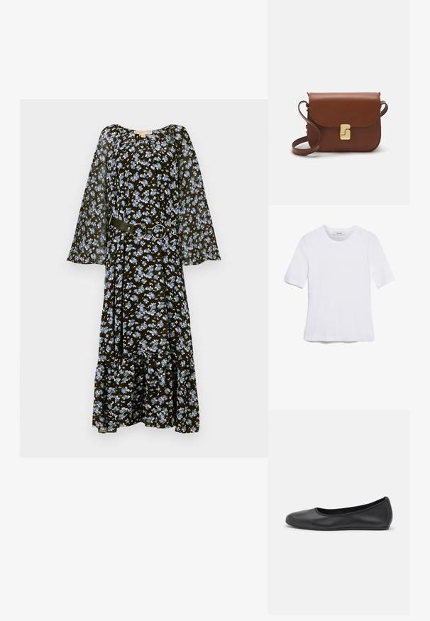 Robe noire à fleurs avec des fleurs bleues, manches longues en voile, encolure élastique et ceinture en tissu avec des accessoires ronds en métal argenté. Ourlet évasé.; T-shirt blanc à manches courtes en tissu côtelé. Col rond, coupe régulière et détails de couture subtils. Aucune motif ni graphique.; Ballerines en cuir noir avec un bout rond, texture lisse, détails de couture minimalistes et design de semelle flexible.; Sac à main en cuir marron avec une fermeture à rabat, des accents en métal doré, une bandoulière et une texture lisse. Forme rectangulaire compacte.