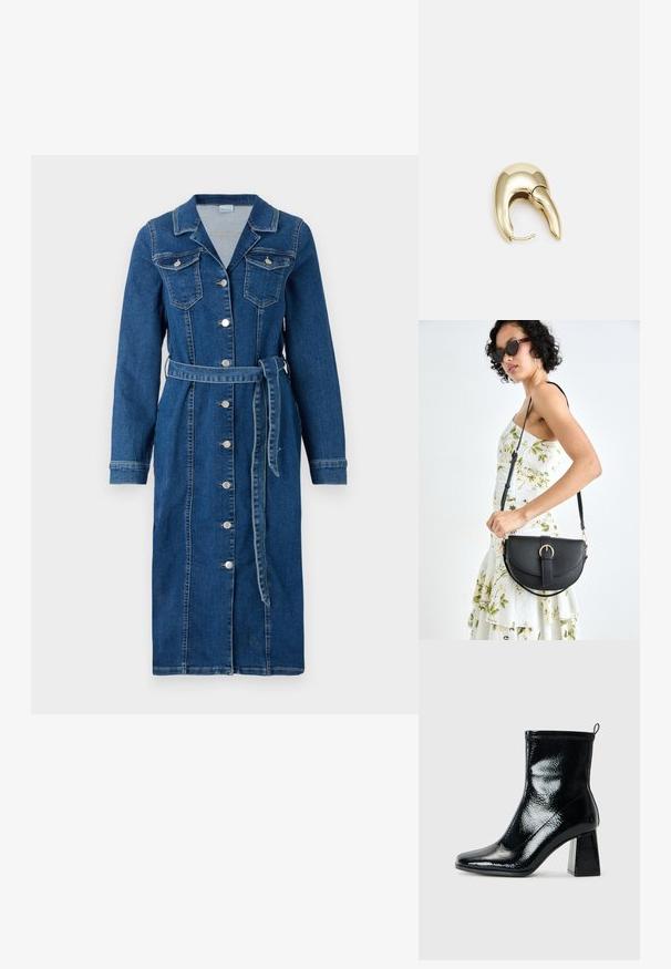 Jeansklänning med långa ärmar, krage och framknäppning. Har två bröstfickor och ett matchande tygbälte. Mörkblå färg.; Svart lackskinn ankle boot med fyrkantig tå och chunky geometrisk klack. Har en slät, glänsande yta och en bakre dragflik för enkel påklädning.; Svart läderhandväska med en böjd form, avtagbar rem och guldiga detaljer. Väskan har ett lock med en spänndetalj.; Örhänge i guldtonad metall med en elegant, böjd design. Har en distinkt spetsig form, polerad yta och gångjärnslås.