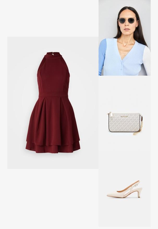 Burgunderfarget halterneck-kjole med tettsittende overdel og utsvingt skjørt, med legg og glidelås bak. Laget av strukturert stoff.; Hvit slingback-hel med spiss tå, glatt overmateriale, lav blokkhelt, og cut-out-design på siden med justerbar spenne.; Runde solbriller med mørke linser og guldrammer. Modellen har en lyseblå, ribbet cardigan med knapper og kontrast hvide ærmer på.; Michael Kors håndleddsveske i beige belagt kanvas med et gjentakende MK-logo mønster, gullfarget maskinvare og en avtakbar kjede-rem.