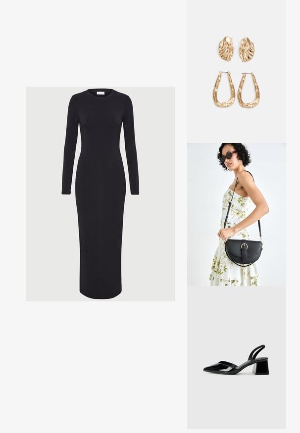Rochie neagră, cu mânecă lungă, ajustată, din material elastic, cu decolteu rotund și siluetă dreaptă, atingând jumătatea gambei.; Pantofi cu toc slingback din piele lacuită neagră, cu vârf ascuțit și toc geometric. Prezintă un design elegant, minimalist și o textură netedă.; Geantă din piele neagră, cu o formă curbată, curea detașabilă și accesorii aurii. Geanta are un capac cu un detaliu tip cataramă.; Cercei aurii cu forme texturate și ondulate. Include studs sculpturale cu clip și un design de cerc deschis cu un finisaj cioplit.