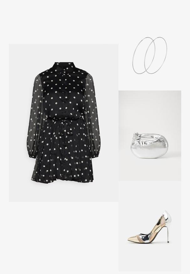 Vestito nero a pois con colletto, chiusura frontale a bottoni, maniche lunghe trasparenti e vita con fiocco. Realizzato in tessuto leggero con gonna plissettata.; Scarpa con tacco alto a punta, con una combinazione di colori argento, oro e nudo. Finitura lucida con design a ritaglio, con tacco a stiletto.; Borsa a pochette metallica argentea con una forma morbida e arrotondata e chiusura superiore annodata. Realizzata in materiale sintetico morbido.; Orecchini a cerchio in argento con un design minimalista. Forma circolare, superficie liscia e profilo sottile. Leggeri con una finitura lucida.