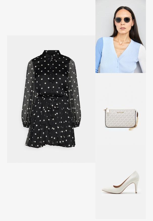 Rochie neagră cu buline albe, cu guler, închidere cu nasturi pe față, mâneci lungi transparente și talie legată. Fabricată dintr-un material ușor, cu fustă pliată.; Cămașă de lac alb cu toc înalt, cu vârful ascuțit și o suprafață netedă, având un toc subțire și o deschidere tăiată jos.; Ochelari de soare rotunzi cu lentile întunecate și rame aurii. Modelul poartă un cardigan ribbed de culoare albastru deschis cu nasturi și mâneci albe în contrast.; Clutch Michael Kors din canva acoperit bej, cu un model repetitiv al logo-ului MK, accesorii din aur și o curea cu lanț detașabil.; Cercei metalici aurii cu un design ondulat; suprafață netedă și reflectorizantă; formă asimetrică; fără modele sau accesorii vizibile.