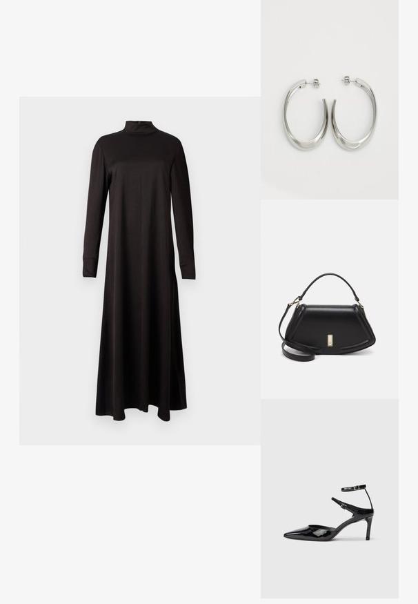 Schwarzes langärmliges Kleid mit hohem Hals, aus glattem Stoff gefertigt, mit einer fließenden Silhouette, die bis zum Knöchel reicht.; Schwarze Lacklederabsätze mit spitzer Zehenpartie, verstellbaren Knöchelriemen und einem schlanken Absatz. Glatte Textur mit glänzender Oberfläche.; Schwarze Lederhandtasche mit einem strukturierten Design, das eine verkürzte Form, einen oberen Griff und goldfarbene Hardware-Details aufweist. Verstellbarer Schulterriemen ist enthalten.; Silberne Creolen mit einem glatten, geschwungenen Design. Mit einem glänzenden metallischen Finish und Steckverschluss. Keine sichtbaren Muster oder Akzente.