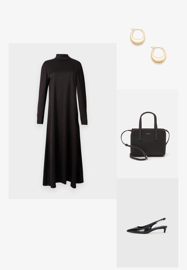 Vestido negro de manga larga con cuello alto, hecho de una tela suave, con una silueta fluida que llega hasta los tobillos.; Tacones negros de piel sintética tipo slingback con punta afilada, que cuentan con un tacón delgado y un detalle en tono dorado en la correa ajustable. Textura suave.; Bolso de mano negro con dos asas cortas y una correa de hombro removible. Material suave tipo cuero con cierre de cremallera y detalle del logo.; Pendientes de aro en tono dorado con forma suave y redondeada y una superficie brillante. Sujetos por una bisagra en tono plateado.