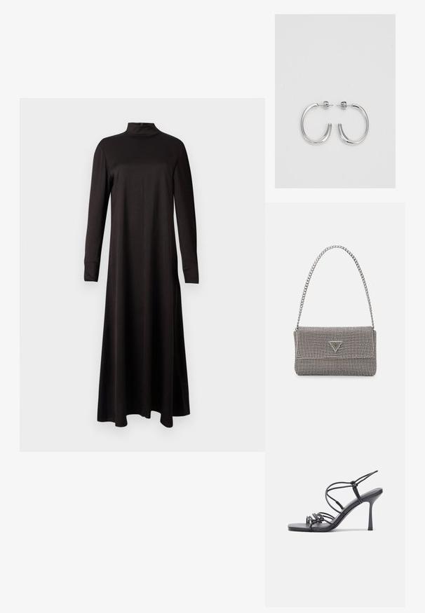 Rochie neagră cu mânecă lungă, cu un guler înalt, realizată dintr-un material textil neted, cu o siluetă fluidă care se extinde până la gleznă.; Sandale negre cu toc înalt au curele subțiri cu un design legat, un vârf pătrat neted și un toc stiletto elegant.; Geantă metalică gri deschis, cu un strap din lanț, decorată cu mici ținte circulare metalice și un logo de marcă triangular.; Cercei rotunzi din argint cu un finisaj neted și strălucitor. Design ușor, având o formă rotundă și închidere cu tijă.