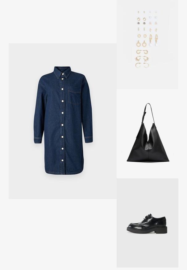 Tummansininen farkkupaitamekko, jossa on napitus edessä, kaulus, pitkät hihat ja rintatasku. Korostaa valkoisia nappeja ja kontrastivärjäystä.; Musta nahkakengät oxford-tyyliin, pyöristetty kärki, nauhakiinnitys ja paksu musta kumipohja. Suora pinta ja minimimaliset ompelutiedot.; Mustat nahkainen kolmionmuotoinen käsilaukku, jossa on yksi säädettävä olkahihna ja pehmeä, hieman roikkuva rakenne.; Kultasetti kultaisenvärisiä korvakoruja, jotka sisältävät erilaisia muotoiluita, kuten nappikorviksia, rengaskorviksia ja roikkuvia korviksia, joissa on helmiä ja strasseja.