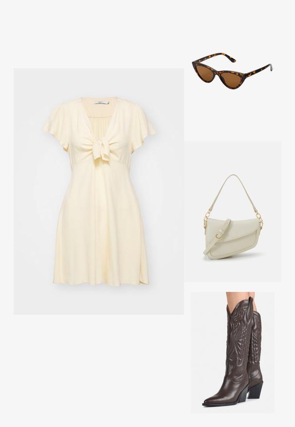 Kratke rukave, svijetložuta haljina s vezanjem sprijeda. Meka, teksturirana tkanina, V-izrez i lepršava suknja, pružajući opušteni kroj.; Smeđe kožne kauboj čizme s šiljastim vrhom i blok-potpeticom, s detaljno izvezenim šavovima i uzdignutim naglascima na okovu.; Sunglasses u obliku mačjih očiju s okvirom u crno-narančastom kornjačevom uzorku, smešnim lećama i elegatnim, šiljastim vrhovima. Sadrži minimalni logo na dršci.; Mala krem torbica s teksturiranim finišom, dugačkim podesivim remenom, lančanim detaljem i preklopom. Zlaćani hardver.