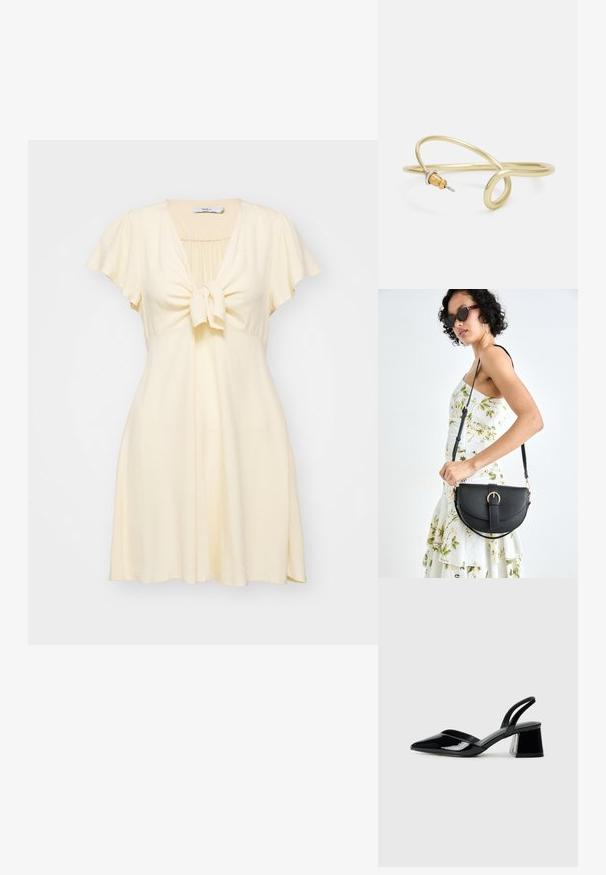 Kratke rukave, svijetložuta haljina s vezanjem sprijeda. Meka, teksturirana tkanina, V-izrez i lepršava suknja, pružajući opušteni kroj.; Crne lakirane kožne sandale s otvorenom petom i špicastim vrhom, s geometrijskom blok petom. Imaju elegantan, minimalistički dizajn i glatku teksturu.; Crna kožna torba s lukovitim oblikom, odvojivim remenom i zlatnim detaljima. Torba ima preklop s kopčom.; Zlatna metalna narukvica s fluidnim, zavojitim dizajnom. Sadrži mali, istaknuti srebrni akcent na jednom kraju.