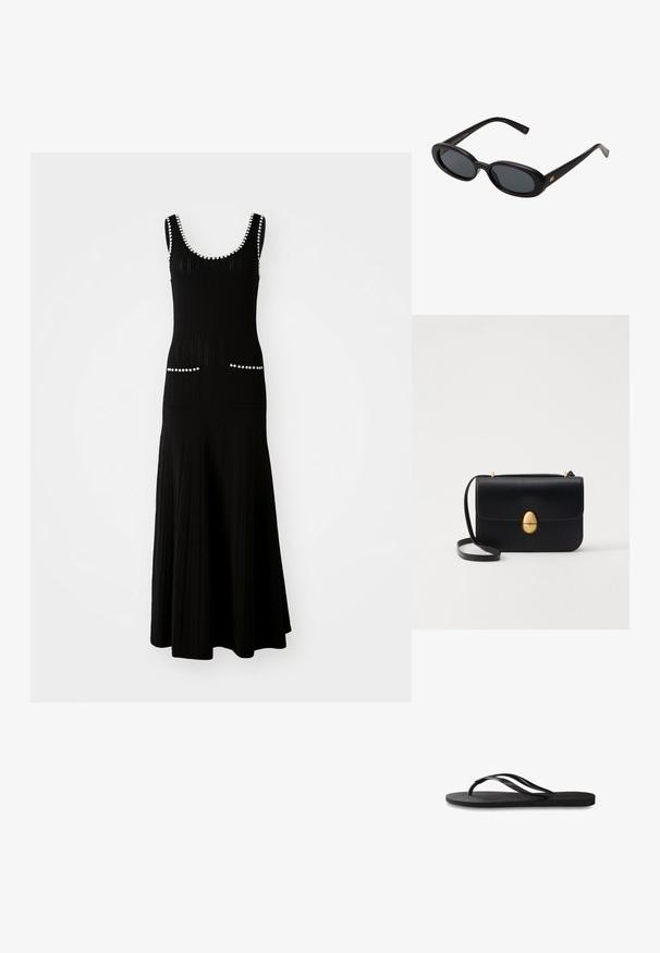 Must mustriga mustriga ja flared seeliku ning sobiva kehaga musta kudumise kleit. Omab valgeid helmeste aksessuaare kaela ümber ja taskuid. Struktuurne kangas.; Mustad mustes suss, millel on tekstureeritud kummist põhi, kaks peenikest rihma ja tagasihoidlik, reljeefne logo detail rihmal.; Mustad mustad prillid ovaalsete läätsedega, sujuvast plastmassraamist ja kuldsete aktsentidega tempel. Tumedaid läätsi, mis pakuvad päikese kaitset.; Must kase nahast käekott, millel on struktureeritud ristkülikukujuline kuju. Omab kuldset ovaalset lukku ja õhukest õlavarre rihma. Sile tekstuur.