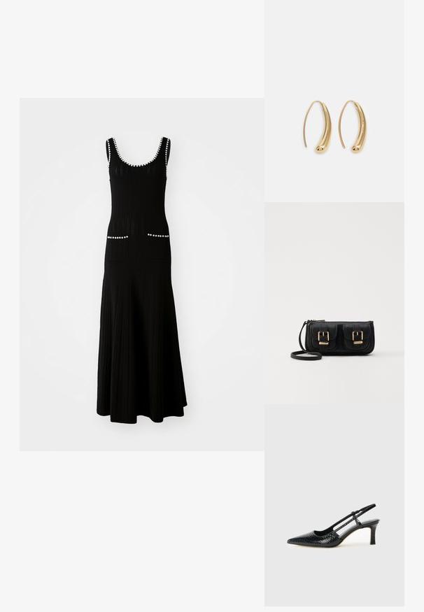 Čierne pletené šaty s priliehavým korzetom a rozšírenou sukňou. Obsahujú biele korálky ako akcenty pozdĺž dekoltu a vrecká. Štruktúrovaná tkanina.; Čierne patentové slingback topánky na ihlovom podpätku s špicatou špičkou, s textúrovaným hadím vzorom, nastaviteľným popruhom a krátkym, textúrovaným blokovým podpätkom.; Čierna kožená crossbody taška s dvoma prednými vreckami, zlatými sponami, zipsovým uzatváraním a úzkym popruhom. Štruktúrovaný povrch a kompaktný obdĺžnikový tvar.; Náušnice vo forme zlatých kovových kruhov s zakriveným, predĺženým tvarom. Majú hladký, lesklý povrch a zaoblený koniec pre pridanie detailu.
