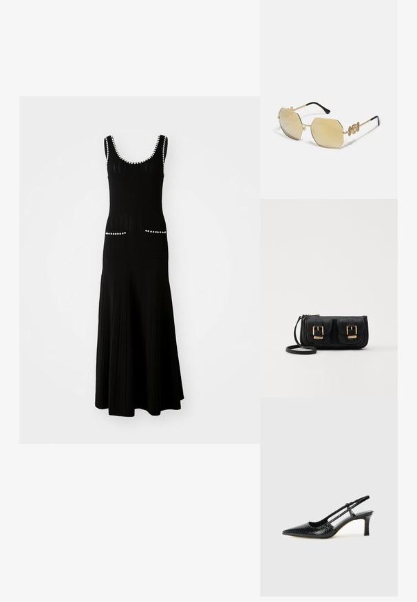 Svart stickad klänning med åtsittande överdel och utställd kjol. Har vita pärlaccents längs halsringningen och fickor. Strukturerad tyg.; Svart lackskin slingback-häl med spetsig tå, med texturerad ormskinnsprint, justerbar rem och en kort, texturerad blockklack.; Versace MEDUSA BIGGIE - Solglasögon - gold-coloured/gold-coloured; Svart läderaxelväska med två framfickor, guldspännen, dragkedjestängning och en smal rem. Texturerad yta och kompakt rektangulär form.