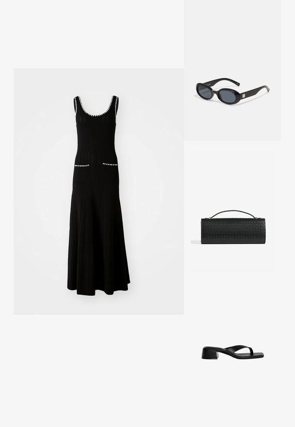 Černé pletené šaty s těsným korzetem a zvonovou sukní. Obsahují bílé perlové akcenty podél výstřihu a kapsy. Texturovaná tkanina.; Černé kožené sandály na podpatku mají design s thong páskem, čtveratou špičku a nízký blokový podpatek. Hladká textura s minimalistickým stylem.; Černé oválné sluneční brýle s tmavými skly, lesklým plastovým rámem, širokými stranami a malým zlatým detailem na jedné straně.; Černá pletená kožená kabelka do ruky s obdélníkovým tvarem, tenkým uchem a jemnými zlatými kovovými detaily.; Černý šňůrkový náhrdelník s texturovanými šedými a bílými korálky, s velkým černým třásňovým přívěskem na spodní straně. Nastavitelná délka.