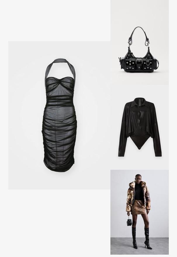 Black strapless dress made from sheer, textured fabric with gathered detailing. Features a halter neckline and ruched design throughout.; Black bodysuit with long sleeves, V-neck, and a fitted silhouette. Made of shiny, smooth fabric with a structured collar and cuffs.; Puffer jacket with a brown and black pattern, paired with a brown snake print mini skirt, black knee-high boots, and a small black bag.; Black leather handbag with a curved design, featuring silver studs, a buckle, and two side pockets. Adjustable strap for carrying options.