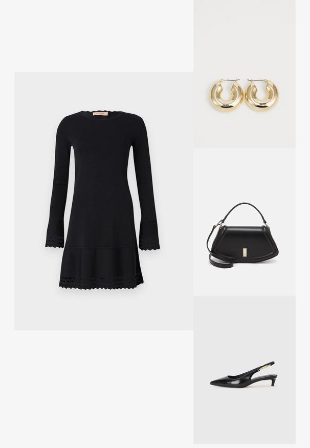Rochie neagră cu mâneci lungi, decolteu rotund, mâneci evazate și tiv ondulat. Realizată dintr-un material neted cu accente decorative tăiate.; Sandale slingback din piele neagră cu vârf ascuțit, având un toc subțire și un accent de culoare aurie pe curea ajustabilă. Textură netedă.; Geantă de umăr din piele neagră, cu un design structurat, având o formă tăiată, mânere superioare și accente din aur. Include o curea de umăr ajustabilă.; Cercei din aur în formă de cerc, cu un design neted și rotunjit și o finisare strălucitoare, având un sistem de închidere pentru securizare. Gravati cu "DKNY."