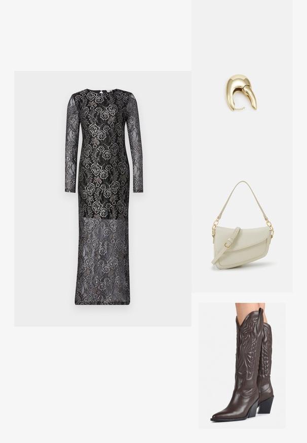 Mustaläheline kleit pikade varrukatega, millel on lillemustrid ja vormiv siluett. Tekstuur on keeruline, poolläbipaistev lõpetus.; Pruunid nahast cowboy saapad terava varbaga ja plokk-kandaga, millel on detailne tikand ja kergelt tõstetud aktsendid varrel.; Väike kreemjas käekott tekstureeritud viimistlusega, pikendatav rihm, ketiläbimõõt ja klapiga sulgemine. Kuldsed metalldetailid.; Kuldtooni metallist kõrvarõngas, millel on elegantne ja kaarjas disain. Omab silmapaistvat teravat kuju, poleeritud pinda ja hingesulgemist.