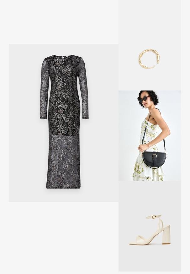 Schwarzes Spitzenkleid mit langen Ärmeln, das florale Muster und eine figurbetonte Silhouette aufweist. Die Textur ist aufwendig, mit einem halbtransparenten Finish.; Cremefarbene Sandalen mit Absatz, offener Spitze, dicker Blockabsatz, dünnem Knöchelriemen und subtil glänzender Oberfläche. Schnallenakzent am Riemen.; Schwarze Lederhandtasche mit geschwungener Form, abnehmbarem Tragegurt und goldenen Beschlägen. Die Tasche verfügt über einen Deckel mit einer Schnallen-Details.; Goldfarbener Ring mit einem organischen, gedrehten Design, glatter Oberfläche und sich verjüngenden Enden, was ein modernes, skulpturales Erscheinungsbild erzeugt.