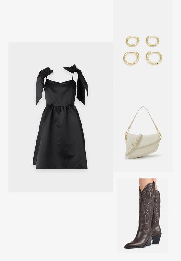 Melna satīna kleita ar pieguļošu korpusu, izplestām svārkiem un pārmērīgu loku siksnām. Gluda tekstūra un elastīga josta papildu komfortam.; Brūni ādas kovboju zābaki ar norādītu purngalu un blokveida papēdi, ar detalizētu šūšanu un paceltiem akcentiem uz kājas daļas.; Maza krēmkrāsas rokas soma ar teksturētu apdari, garu regulējamu siksniņu, ķēdes akcentu un vāciņa aizdari. Zelta aparatūras detaļas.; Zelta gredzenu auskari, četri gabali, gluda virsma, noapaļota forma, dažādu izmēru, ar eņģu aizdari ērtai valkāšanai.