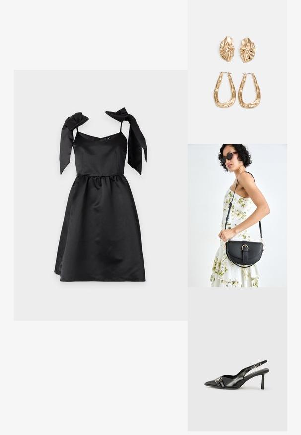Vestido de cetim preto com corpete justo, saia evasê e alças grandes em forma de laço. Textura suave e cintura elástica para maior conforto.; Sapato slingback preto em pele patentada com bico apontado, tiras no tornozelo apresentando fivelas e acessórios prateados, e um salto elegante.; Bolsa de couro preta com forma curva, alça destacável e detalhes em dourado. A bolsa possui uma aba com detalhe de fivela.; Brincos em tom de ouro com formas onduladas e texturizadas. Inclui studs escultóricos com presilha e um design de argola aberta com um acabamento martelado.
