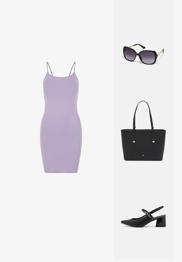 Lila Bodycon-Kleid aus weichem, dehnbarem Stoff. Ausgestattet mit dünnen Spaghettiträgern und einer enganliegenden Silhouette, mit einer durchgehend glatten Textur.; Schwarze Lackleder-Slingback-Absätze mit spitzer Zehenform, einem runden Ausschnitt-Design und einem Blockabsatz. Mit einem goldfarbenen Schnallenakzent.; Schwarze übergroße Sonnenbrille mit getönten Gläsern, dicken Rahmen und goldfarbener Kettendetaillierung an den Bügeln.; Schwarze Tragetasche aus synthetischem Material, mit einfachem rechteckigem Design, goldenen quadratischen Akzenten und doppelten Griffen.