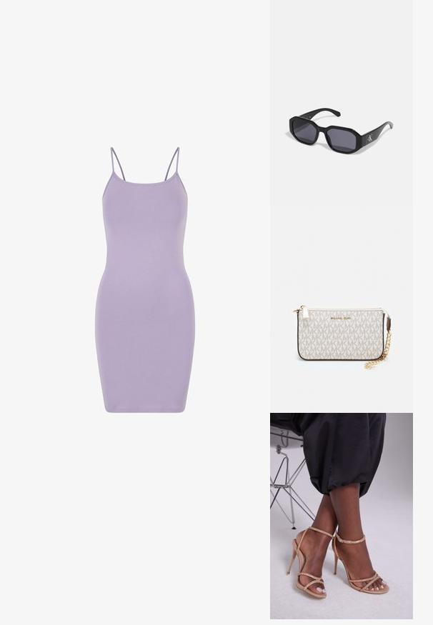 Vestido bodycon lila hecho de un tejido suave y elástico. Presenta tirantes delgados y una silueta ajustada, con una textura suave en toda su superficie.; Sandalias de tacón beige con embellishments de cristal, con punta abierta, tiras finas y una silueta elegante.; Gafas de sol negras con un marco octagonal, lentes oscuros, material de plástico brillante y un acento de logo plateado en un lado.; Monedero de muñeca Michael Kors en lona recubierta beige que presenta un patrón repetido del logo MK, herrajes dorados y una correa de cadena desmontable.; Pendientes metálicos dorados con un diseño ondulado; superficie lisa y reflectante; forma asimétrica; sin patrones o elementos visibles.