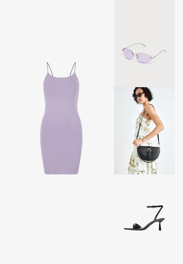 Lila Bodycon jurk gemaakt van zachte, rekbare stof. Kenmerkt zich door dunne spaghettibandjes en een aansluitende silhoutte, met een gladde textuur overal.; Bershka Sandalen met hoge hak - black; Zonnebril met ovale paarse lenzen, een metalen frame en dunne pootjes. Duidelijke neuspads en subtiele branding op de poot.; Zwarte leren handtas met een gebogen vorm, afneembare schouderband en gouden hardware. De tas heeft een klep met een gespsluiting.