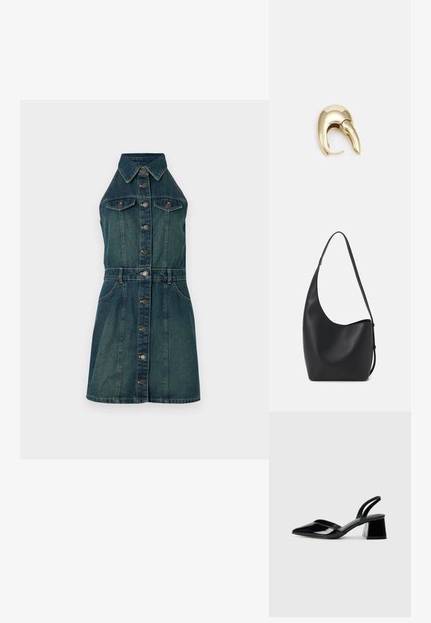 Denimmekko, jossa on kauluspääntie, etunappeja ja kaksi rintataskua. Tumma sininen väri, jossa on hieman haalistunut pinta.; Mustat patentoitu nahkakengät, joissa on säären takaosa ja terävä kärki, sekä geometrinen palikkakorko. Sisältää tyylikkään, minimalistisen muotoilun ja sileän pinnan.; Musta nahkainen hobo-laukku, jossa on sileä pinta, kaareva muoto ja yksi säädettävä olkahihna; sisäänkäynti on leveä ylhäältä.; Kultahipuinen korvakoru, jossa on sulavalinjainen, kaareva muotoilu. Ominaisuuksiin kuuluu erottuva terävä muoto, kiillotettu pinta ja sarana kiinnitys.