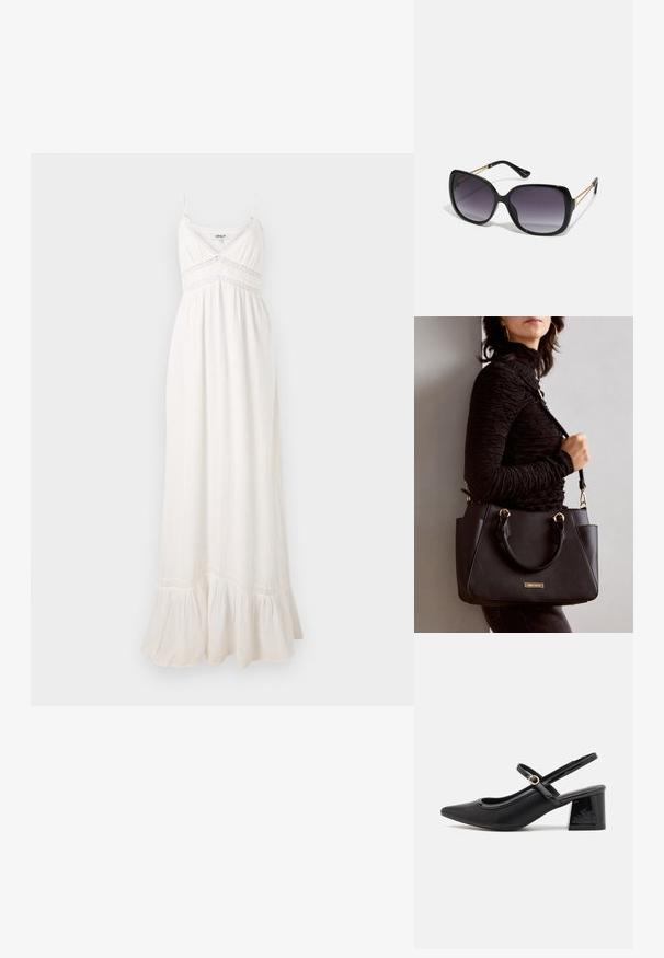 Valkoinen maksimekko, joka on valmistettu kevyestä kankaasta. Mekossa on ohuet hihnat, istuva bodice pitsireunuksella ja röyhelöhelma.; Musta lakattu nahka slingback-korkokengät, joissa on terävä kärki, pyöreä aukko-muotoilu ja lohkokorko. Varustettu kultasävyisellä solkiyksityiskohdalla.; Mustat ylisuurten kehysten aurinkolasit, joissa on liukuväri-linssit, paksut kehykset ja kultasävyiset ketjustuskoristeet temppeleissä.; Musta käsilaukku, jossa on teksturoitu pinta, kaksi yläkantta ja säädettävä olkahihna. Varustettu kultasävyisillä varusteilla ja sivutaskuilla.