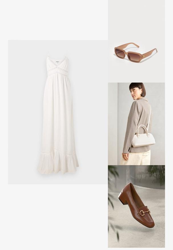 Biela maxi šaty vyrobené z ľahkého materiálu, s tenkými ramienkami, priliehavým telom s čipkovým zdobením a rukávom.; Hnedé lakované kožené loafers s hranatou špičkou, kovovým reťazovým akcentom a nízkym blokovým podpätkom; hladká textúra, minimalistický dizajn.; Hnedé obdĺžnikové slnečné okuliare s gradientovými sklíčkami, hrubými rámami a logom na boku. Hladký plastový materiál, minimalistický dizajn.; Biela štruktúrovaná kabelka s krátkymi rúčkami a ramenným popruhom, s zlatými kovovými prvkami a textúrovaným materiálom, vystavená na šedom pozadí.