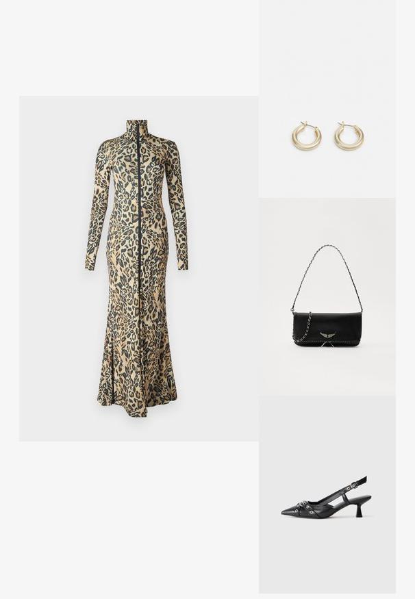 Leopardenmuster-Kleid mit langen Ärmeln, hohem Kragen und Front-Reißverschluss. Figurnahe Silhouette, die sich am Saum ausstellt, aus einem glatten Stoff gefertigt.; Schwarzer Leder-Slingback-Schuh mit spitz zulaufender Zehenpartie, dekorativen Riemen mit METALLÖSEN und niedrigem Blockabsatz. Strukturelle Oberfläche.; Schwarze Lederhandtasche mit einem silbernen Kettenriemen, verziert mit dekorativen Flügelakzenten und weißen Nähten entlang der unteren Naht.; Lauren Ralph Lauren BASIC SMALL HOOP - Ohrringe - gold-coloured