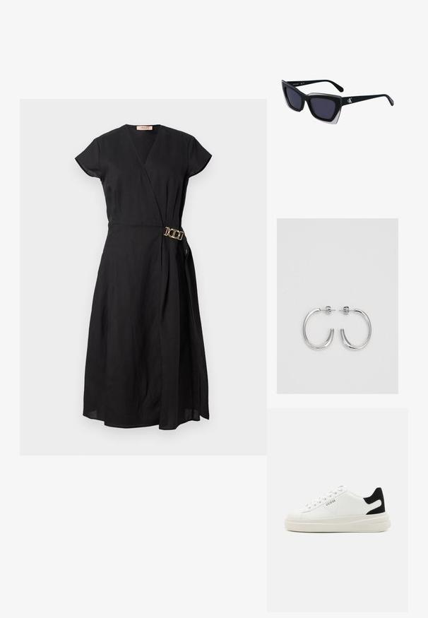 Melnā plāna kleita ar īsām piedurknēm, kurai ir zelta sprādze jostas vietā, izgatavota no viegla auduma ar gludu faktūru.; Baltas ādas sporta apavi ar biezu balto zoli, melna zamša uzpura un izspiestais logotips sānos. Šņorējuma dizains ar sešiem acu caurumiem.; Melni pārmēru saulesbrilles ar ģeometrisku formu, kas aprīkotas ar tumšiem stikliem un kontrastējošu pelēku akcentu uz rāmja. Logo uz kājas.; Sudraba stīpas auskari ar gludu, spīdīgu virsmu, izceļas ar izliektaveida formu un aizdari ar tapu. Minimālistisks dizains ar mūsdienīgu apdari.