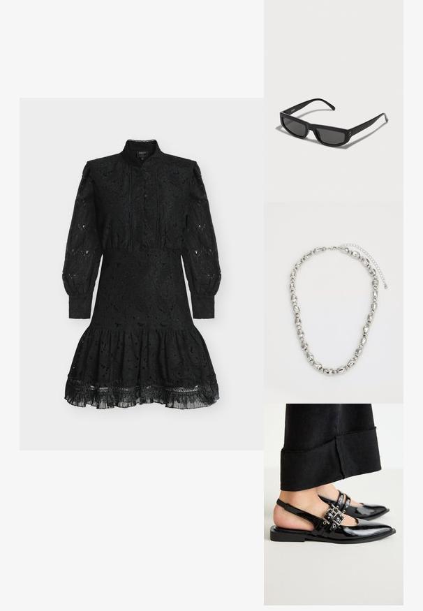 Musta pitsimekko, jossa on korkea kaulus, pitkät liehukkeet hihansuut, napillinen etuosa ja liehuva helma. Mekossa on kohokuvioitu kukkakuvio ja röyhelöhelma.; RAID DINKY - Ballerinat nilkkaremmillä - black; Musta aurinkolasit suorakulmaisen kehykseen, joissa on tummat linssit ja ohuet sivut. Kultaiset yksityiskohdat saranoiden läheisyydessä.; Hopeaketju, jossa on erikokoisia ja -muotoisia hopeapalloja ja -helmiä, jotka ovat sekä sileitä että teksturoiduja. Takana on lukko ja säädettävä ketju.