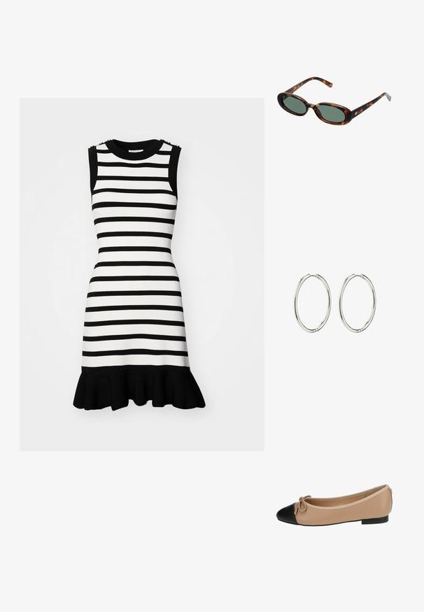 Gestreepte jurk in zwart en wit met een aansluitend ontwerp, mouwloos model en een uitlopende zwarte rucheszoom; beschikt over decoratieve hardware op de schouders.; Ballett balletflat van beige leer met een zwarte punt. Heeft een strikdetail aan de voorkant en een gladde textuur. Laag profiel ontwerp met een rubberen zool.; schildpadbril met ovale monturen en groene lenzen. Heeft dunne spijlen met een metalen accent nabij de scharnieren.; Zilveren creolen met een gladde, gepolijste afwerking. Ronde vorm, lichtgewicht ontwerp, met een veilig sluitmechanisme.