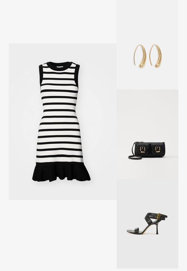 Abito a strisce in bianco e nero con un design aderente, senza maniche e orlo a ruota con rouches nere; presenta elementi decorativi sulle spalle.; Sandal nero con tacco a spillo, straps incrociati e fibbia regolabile. Presenta una texture liscia e un tacco affusolato.; Borsa a tracolla nera in pelle con due tasche frontali, fibbie dorate, chiusura con zip e una tracolla sottile. Superficie texturizzata e forma rettangolare compatta.; Orecchini a cerchio in metallo color oro con forma curva ed allungata. Presentano una superficie liscia e lucida e una punta arrotondata per un tocco di dettaglio in più.
