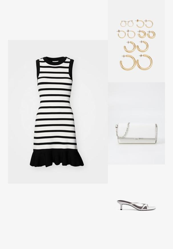 Valko-mustra raidoilla varustettu mekko, jossa on istuva malli, hihaton leikkaus ja leveä musta röyhelöhelma; ominaisuuksina dekoratiiviset metalliosat olkapäillä.; Hopeat korkokengät, joissa on ristikkäiset hihnat, sileä pinta ja terävä kärki. Korko on noin kaksi tuumaa korkea.; MICHAEL Michael Kors MONA - Olkalaukku - optic white; Setti kultaketjua, jossa on erilaisia kokoja ja muotoja, mukaan lukien pieniä, keskikokoisia ja suuria tyylejä, joissa on sileät metallipinnat.