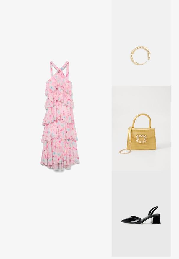 Vero Moda FELICIA RUFFLE - Proginė apranga - pink tulle; Juodos lakuotos odinės šlepetės su smailiu pirštu ir geometriniu bloko kulnu. Turi elegantišką, minimalistinį dizainą ir lygų paviršių.; Geltonas dirbtinės krokodilo odos rankinukas su standžiu dizainu, viršutine rankena, nuimamu grandininiu dirželiu ir dekoratyviniu krištolo papuošimu ant užsegimo.; Auksinės spalvos žiedas, turintis organišką, sukimosi dizainą su lygiu paviršiumi ir siaurėjančiais galais, sukuriantis modernią skulptūrinę išvaizdą.