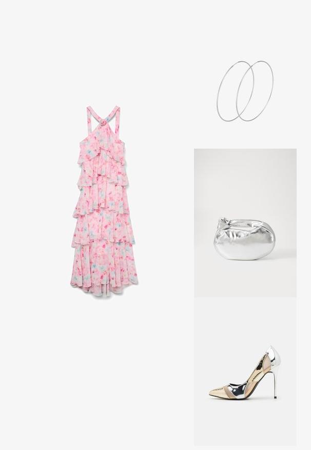 Vero Moda FELICIA RUFFLE - Apģērbs svinīgiem gadījumiem - pink tulle; Apspīlēta augstpapēžu kurpe ar zeltītu, sudrabi un neitrālu krāsu kombināciju. Spīguļojoša virsma ar izgriezuma dizainu, aprīkota ar stiletto papēdi.; Sudraba metāliska poga somiņa ar mīkstu, noapaļotu formu un mezgla augšējo aizdari. Izgatavota no gludas mākslīgās ādas materiāla.; Sudraba gredzenveida auskari ar minimālistisku dizainu. Cirkulāra forma, gluda tekstūra un plāns profils. Vieglu svaru ar spīdīgu apdari.