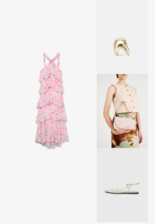 Vero Moda FELICIA RUFFLE - Pidulikud riided - pink tulle; Bežid lame sandaal, millel on mitu peenikest rihma ja reguleeritav pandla. Tallal on lame pind, mille ääres on kerge tumedam kontrast.; Roosa nahast käekott, millel on kõver klapp, üks õlarihm ja puhtad jooned. Kotil on sile pind ja minimalistik disain.; Kuldtooni metallist kõrvarõngas, millel on elegantne ja kaarjas disain. Omab silmapaistvat teravat kuju, poleeritud pinda ja hingesulgemist.