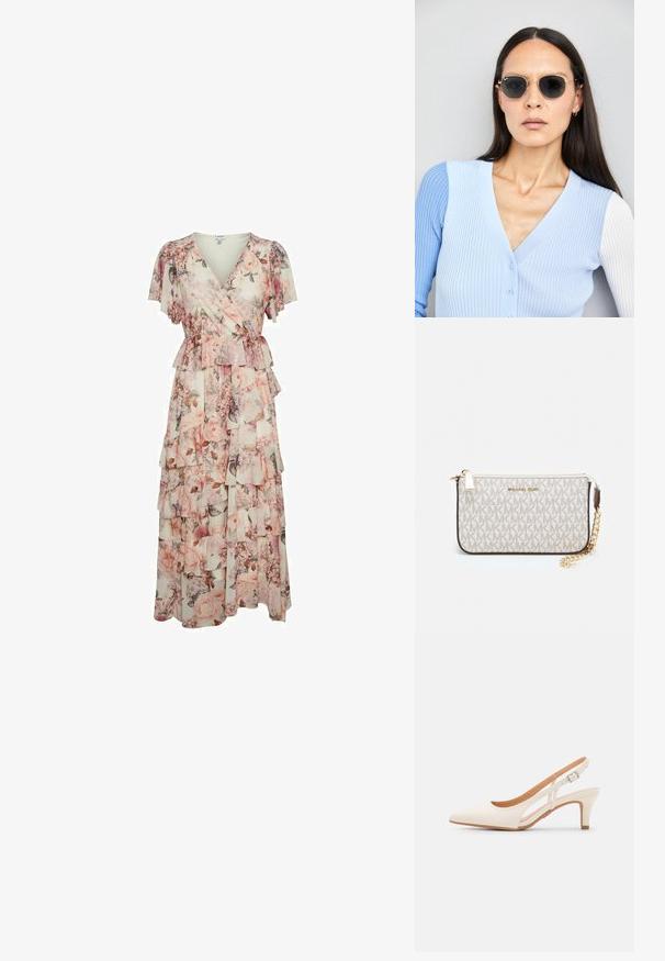 Blomstrete maxi-kjole med korte volangermer, omslagsdesign, lagdelte volanger og innsnevret midje i nyanser av rosa og krem.; Hvit slingback-hel med spiss tå, glatt overmateriale, lav blokkhelt, og cut-out-design på siden med justerbar spenne.; Runde solbriller med mørke linser og guldrammer. Modellen har en lyseblå, ribbet cardigan med knapper og kontrast hvide ærmer på.; Michael Kors håndleddsveske i beige belagt kanvas med et gjentakende MK-logo mønster, gullfarget maskinvare og en avtakbar kjede-rem.; Gull rektangulært klokke med hvit skive, minimalistiske time markører og en mesh metallrem. Har en sidekrone for å justere tiden.