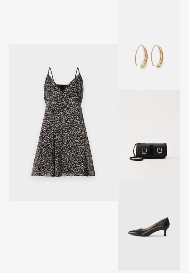 Tamsiai mėlynos spalvos gėlėto rašto suknelė su reguliuojamomis plonomis petnešėlėmis, V formos iškirpte ir platesniu siluetu. Audinys atrodo lengvas ir lygus.; Juodos odinės aukštakulnės bateliai su smailiu nosiu, žemu kulnu ir lygiu paviršiumi. Priekyje yra nedidelis atvirumas, o gale minimalus apdaila.; Juodas odinis per petį nešiojamas krepšys su dviem priekiniais kišenėmis, auksiniais sagtimis, užtrauktuko uždarymu ir siauromis petnešomis. Textūruota paviršius ir kompaktiškas stačiakampis formatas.; Auksinės metalinės auskarų kabės su lenktą, pailgą forma. Turi lygų, blizgantį paviršių ir užapvalintą galiuką papildomam akcentui.