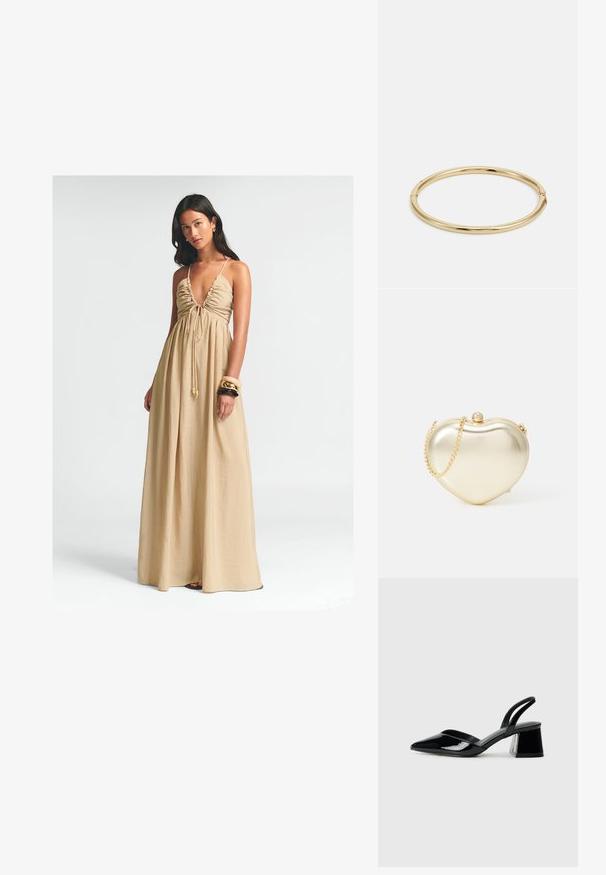Duga, bež maksi haljina s dubokim V-izrezom, nabranim dekolteom i podesivom vezicom. Lagani materijal slobodno pada do poda.; Crne lakirane kožne sandale s otvorenom petom i špicastim vrhom, s geometrijskom blok petom. Imaju elegantan, minimalistički dizajn i glatku teksturu.; Zlatna metalna clutches u obliku srca s lancem i detaljem pri zatvaranju od bisera. Glatka tekstura, kompaktnog dizajna za sitnice.; Zlatna narukvica s glatkom, sjajnom površinom, okruglog oblika i suptilnim detaljem kopče.