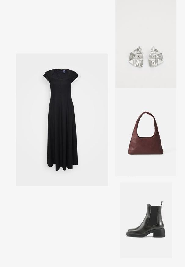 Čierne dlhé šaty s krátkymi rukávmi, štvorcovým výstrihom a zipsom na zadnej strane. Majú splývavý dizajn a jemnú textúru.; Čierne kožené členkové čižmy s hladkým povrchom, elastickými bočnými panelmi a masívnym opätkom. Obsahujú úchyt na jednoduchšie obúvanie.; Burgundská kožená kabelka trojuholníkového tvaru, s otvoreným vrchom a vrúbkovaným detailom na rukoväti. Hladký povrch s matným finišom.; Strieborné kovové náušnice s vlnitým, sochárskym dizajnom, s lešteným povrchom a nepravidelnými tvarmi, ktoré zvýrazňujú súčasnú estetiku.