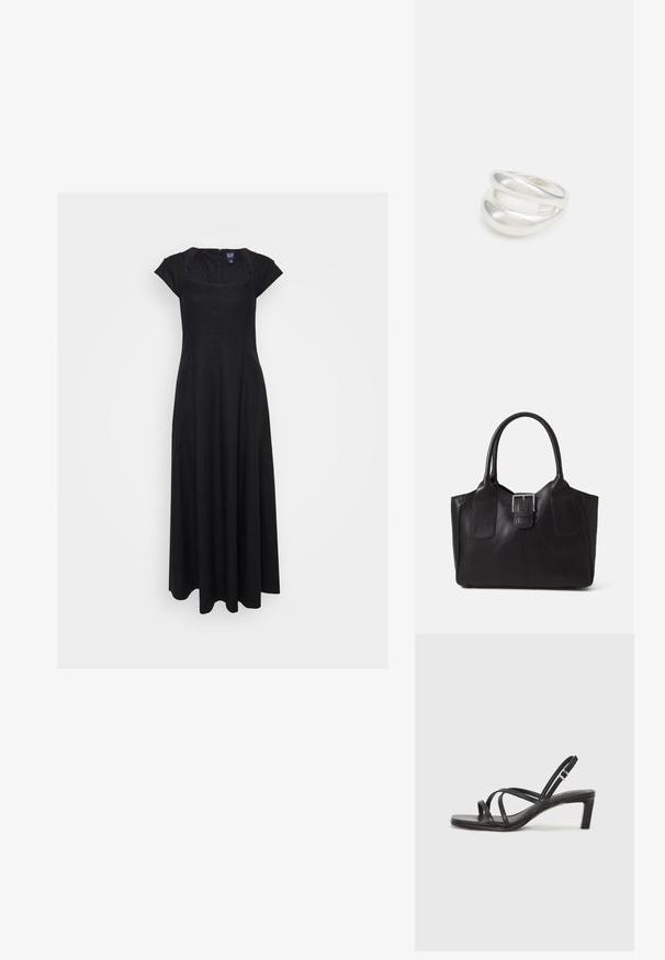 Black long dress with cap sleeves, square neckline, and a zip closure at the back. Features a flowing design and soft texture.; Black strappy sandal with a square toe and a low block heel. Features multiple thin straps and an adjustable ankle strap. Made of smooth leather.; Black leather tote bag with smooth texture, structured shape, two handles, and a prominent silver buckle detail on the front.; Silver double-band ring with a smooth, polished surface. Features a fluid, curved design with overlapping sections for a modern look.