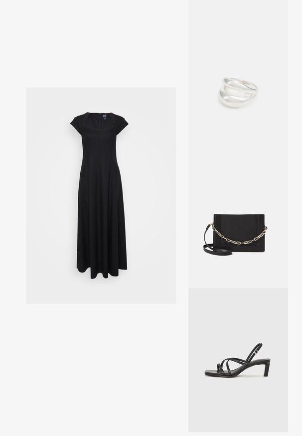 Schwarzes langes Kleid mit kurzen Ärmeln, quadratischem Ausschnitt und einem Reißverschluss im Rücken. Das Kleid hat ein fließendes Design und eine weiche Textur.; Schwarze Sandale mit Riemchen, quadratischer Zehenform und niedrigem Blockabsatz. Verfügt über mehrere dünne Riemen und einen verstellbaren Knöchelriemen. Hergestellt aus glattem Leder.; Schwarze Leder-Crossbody-Tasche mit glatter Textur, rechteckiger Form und metallic-kettendetail auf der Vorderseite. Verstellbarer Gurt inklusive.; Silberner Doppelring mit einer glatten, polierten Oberfläche. Verfügt über ein fließendes, kurviges Design mit überlappenden Abschnitten für einen modernen Look.