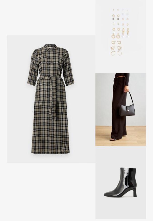 Lang rutete kjole med krage, knappestolpe foran, trekvart ermer og knyttet midje. Fargene inkluderer svart, beige og hvit.; Sorte patentlær ankle boot med spiss tå og en mellomhøy blokkhelt. Glatt tekstur og minimalistisk design.; Svart håndveske med strukturert form, jevn tekstur og metallisk lås. Kombinert med brede svarte bukser og sandaler med åpen tå på tregulv.; Sett med gullfargede øredobber med ulike design, inkludert stikkere, hoops og hengende deler med perler og rhinestones.